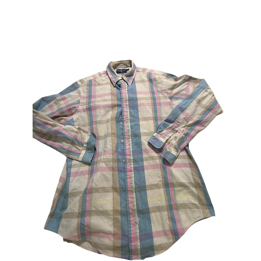 Ralph Lauren Button Down Mens XL Multicolor Pastel Plaid Cotton Hand Woven Shirt